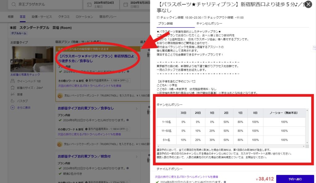 るるぶトラベルキャンセル料見方